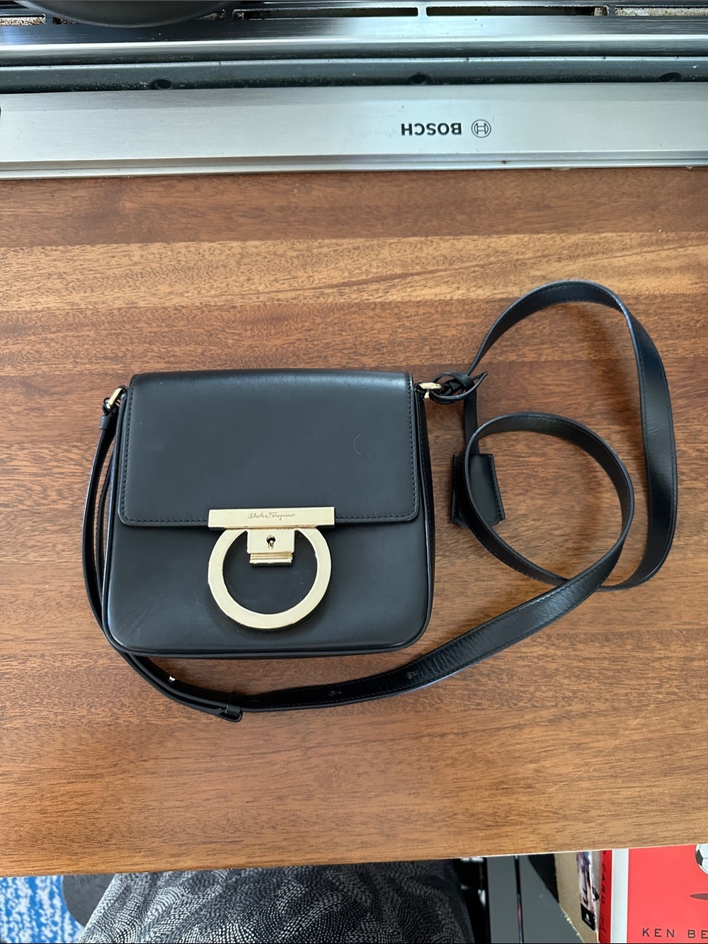 Salvatore Ferragamo Black Leather Crossbody with Gold Gancini Accent
